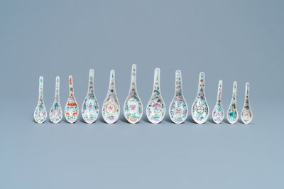 Twelve Chinese famille rose spoons for the Straits or Peranakan market, 19/20th C.