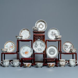 Twelve Chinese grisaille cups and eight saucers, Yongzheng/Qianlong — photo 1