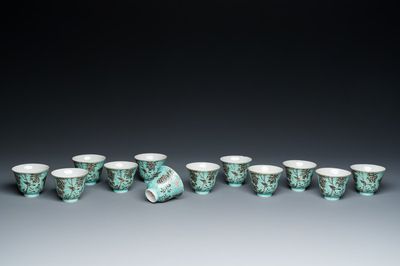 Twelve Chinese turquoise-ground grisaille-decorated Dayazhai wine cups, Yong Qing Chang Chun 永慶長春 mark, Guangxu