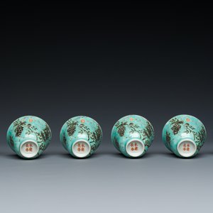 Twelve Chinese turquoise-ground grisaille-decorated Dayazhai wine cups, Yong Qing Chang Chun 永慶長春 mark, Guangxu — 照片 13