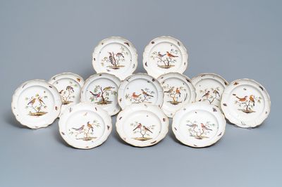 Twelve polychrome Ludwigsburg porcelain ornithological plates, Germany, 2nd half 18th C.