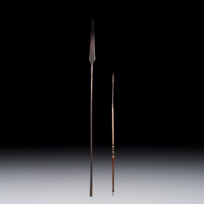 Two African tribal iron and wood spears, 19/20th C.