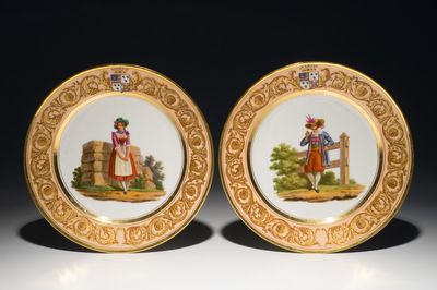 Two armorial French porcelain plates with Tirolean peasants, Edouard Honoré, Paris, 1st half 19th C.