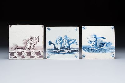 Two blue and white and one manganese Dutch Delft tile with sea creatures, 17th C.