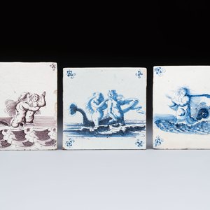 Two blue and white and one manganese Dutch Delft tile with sea creatures, 17th C. — photo 1