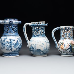 Two blue and white and one polychrome Dutch Delft puzzle jugs, dated 1734 and 1705, 18th C. and later — photo 1