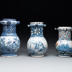 Two blue and white and one polychrome Dutch Delft puzzle jugs, dated 1734 and 1705, 18th C. and later — photo 2