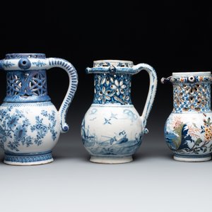 Two blue and white and one polychrome Dutch Delft puzzle jugs, dated 1734 and 1705, 18th C. and later — photo 3
