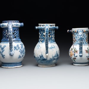 Two blue and white and one polychrome Dutch Delft puzzle jugs, dated 1734 and 1705, 18th C. and later — photo 4