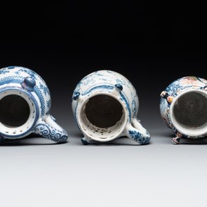 Two blue and white and one polychrome Dutch Delft puzzle jugs, dated 1734 and 1705, 18th C. and later — photo 5