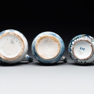 Two blue and white and one polychrome Dutch Delft puzzle jugs, dated 1734 and 1705, 18th C. and later — photo 6