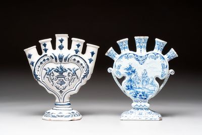 Two blue and white Delftware tulip vases, The Netherlands and France, 18/19th C.