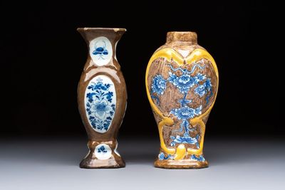 Two blue and white Dutch Delft capucin-brown-ground vases, 18th C.