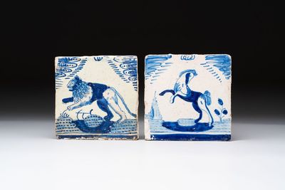 Two blue and white Dutch Delft 'crown' tiles with a lion and a horse, Rotterdam, early 17th C.