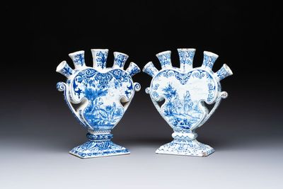 Two blue and white Dutch Delft heart-shaped tulip vases, 19th C.