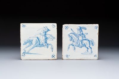 Two blue and white Dutch Delft 'Horsemen' tiles, 17th C.