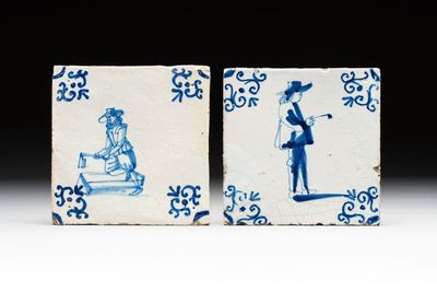 Two blue and white Dutch Delft 'pipe smoker' and 'wood worker' tiles, 17th C.