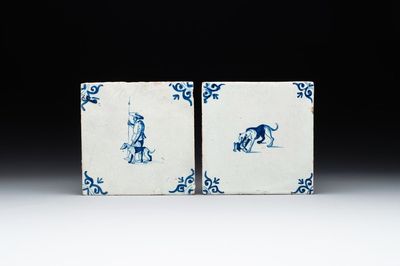 Two blue and white Dutch Delft 'shepherd and dog' and 'dog with puppy' tiles, 17th C.