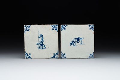 Two blue and white Dutch Delft 'shepherd and dog' and 'dog with puppy' tiles, 17th C.