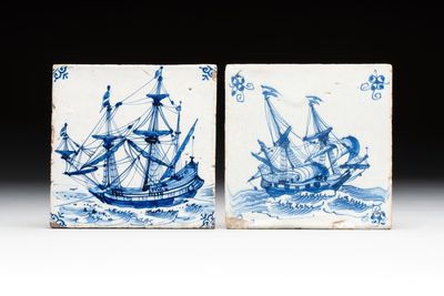 Two blue and white Dutch Delft 'ships' tiles, Harlingen, 17th C.