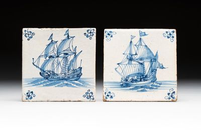 Two blue and white Dutch Delft 'three-master' tiles, 17th C.