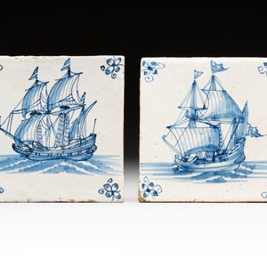 Two blue and white Dutch Delft 'three-master' tiles, 17th C. — photo 1