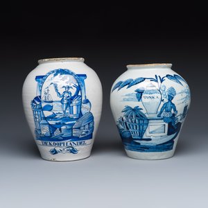 Two blue and white Dutch Delft tobacco jars inscribed 'DE KOOPHANDEL' and 'TONKA' — 照片 2