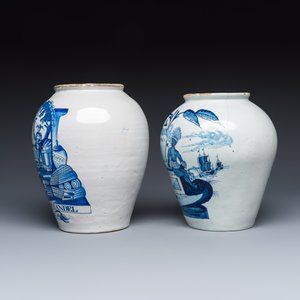 Two blue and white Dutch Delft tobacco jars inscribed 'DE KOOPHANDEL' and 'TONKA' — 照片 3
