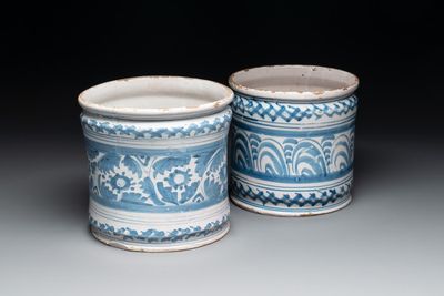 Two blue and white Dutch Delftware albarelli, Northern Netherlands, 17th C.