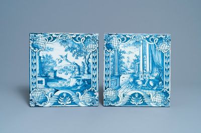 Two blue and white German stove tiles with biblical scenes, Nuremberg, 18th C.