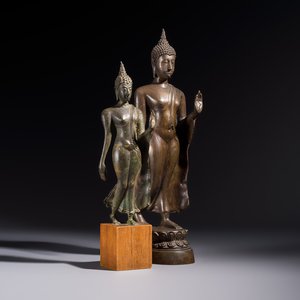 Two bronze Sukhothai-style walking Buddhas, Thailand, 20th C. or earlier — photo 1