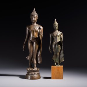 Two bronze Sukhothai-style walking Buddhas, Thailand, 20th C. or earlier — photo 2
