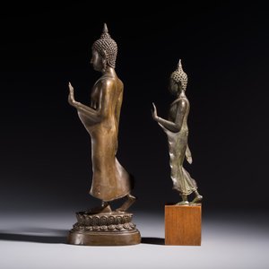 Two bronze Sukhothai-style walking Buddhas, Thailand, 20th C. or earlier — photo 3