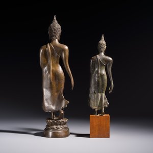 Two bronze Sukhothai-style walking Buddhas, Thailand, 20th C. or earlier — photo 4