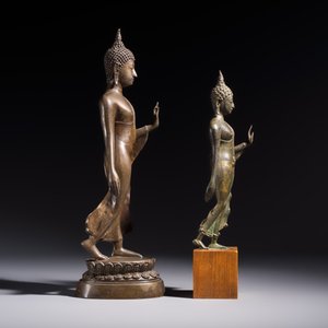 Two bronze Sukhothai-style walking Buddhas, Thailand, 20th C. or earlier — photo 5