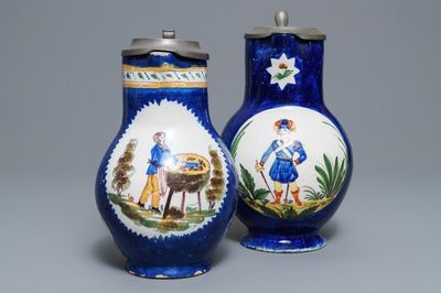 Two Brussels faience pewter-mounted blue-ground jugs, 19th C.