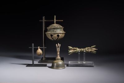 Two Cambodian bronze bells, a vajra bell and a vajra, 11/13th C.