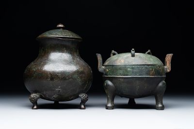 Two Chinese archaic bronze food vessels, 'ding 鼎', Han
