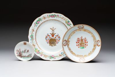 Two Chinese armorial plates and a saucer with the arms of Zur Megede, Rhenius and Chute, Qianlong