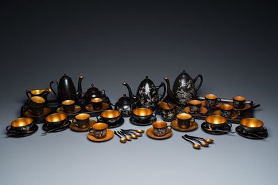 Two Chinese black Fuzhou or Foochow lacquer coffee services on trays, Republic