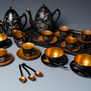 Two Chinese black Fuzhou or Foochow lacquer coffee services on trays, Republic — 照片 13