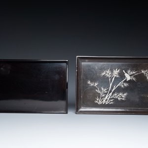 Two Chinese black Fuzhou or Foochow lacquer coffee services on trays, Republic — 照片 3