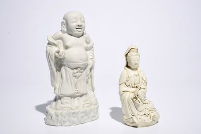 Two Chinese blanc de Chine Dehua figures of Buddha Hotei and Guanyin, 19/20th C.