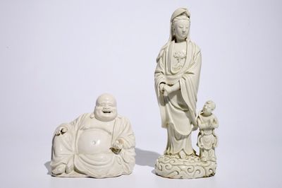 Two Chinese blanc de Chine Dehua figures of Buddha Hotei and Guanyin with child, 18/19th C.