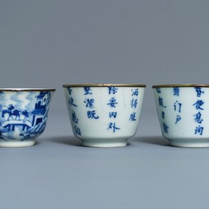 Two Chinese 'Bleu de Hue' Vietnamese market plates and three cups, various marks, 19th C. — photo 4