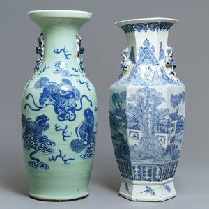 Two Chinese blue and white and celadon-ground vases, 19th C. — 照片 1