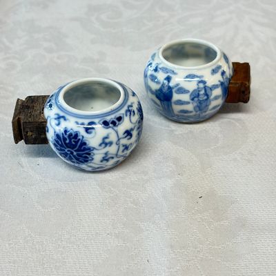 Two Chinese blue and white bird feeders with lotus scroll design and the Eight Immortals — photo 1