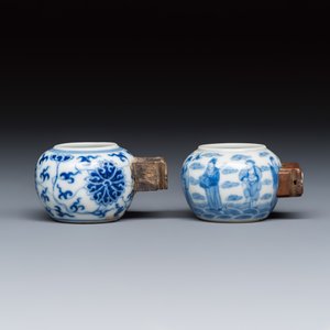 Two Chinese blue and white bird feeders with lotus scroll design and the Eight Immortals — photo 3
