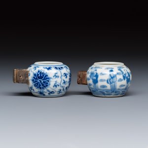Two Chinese blue and white bird feeders with lotus scroll design and the Eight Immortals — photo 5