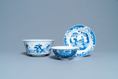 Two Chinese blue and white bowls and a plate, 19th C. and Kangxi